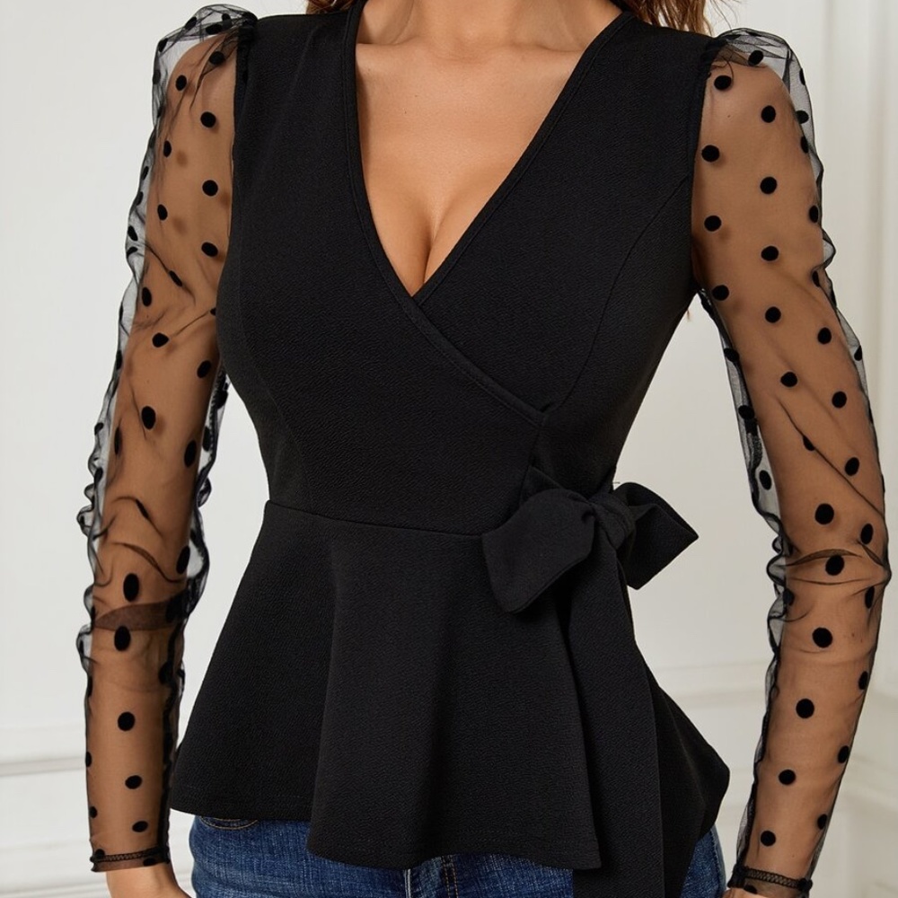 Black Polka dot Sheer Sleeve Peplum Top - Picture 5 of 5